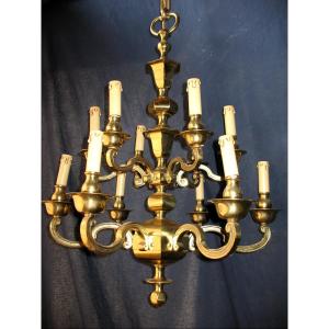Bronze Chandelier With 12 Arms Of Light, Louis XIV Style, Mid-20th Century