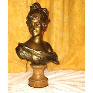 Bronze Bust Sculpture Of A Young Girl Signed By G. Van Der Straeten, 19th Century