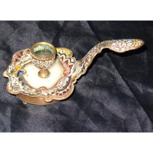 Small Hand Candle Holder In Bronze And Enamels On Onyx, Late 19th Century