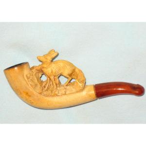 Meerschaum And Amber Pipe In Its Original Case Representing A Fox From The 19th Century