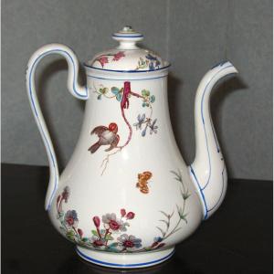 Coffee Pot In Fine Bordeaux Earthenware, Nella Decor With Bird And Flowers, Jules Vieillard Period