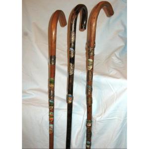 Alpine Hiking Walking Sticks With Badges 50s - 60s Bavaria Germany Austria