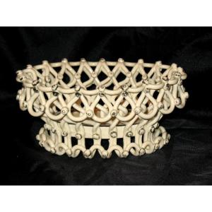 Oval Basket Woven In Langeais Earthenware Decorated With Berries, 19th Century