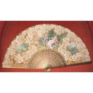 Fan With Lace Decoration, Genre Scene, Flowers And Birds Painted On Gauze, 19th Century