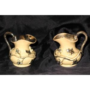 Pair Of Langeais Earthenware Dinette Pitchers Decorated With Berries, 19th Century
