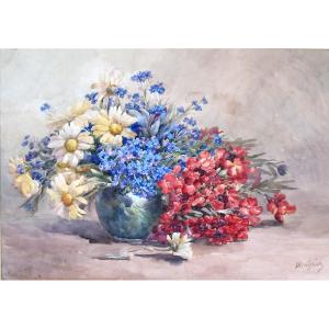Watercolor Bouquet Of Flowers In A Vase Signed By M. Lejour, 19th Century D: 71 X 57 Cm