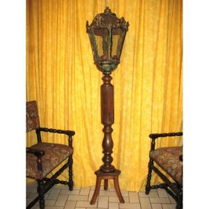 Polychrome Wooden Lantern With Its 19th Century Base