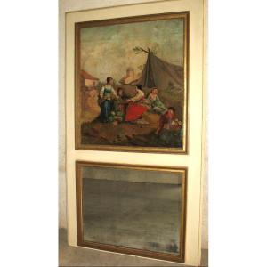 Trumeau In Lacquered Wood, Oil On Canvas And Mercury Mirror, Late 18th Louis XVI Period