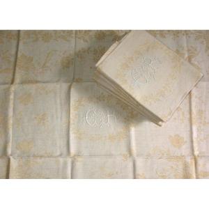 12 Cream-colored Floral Damask Napkins With Embroidered Initials Cr, Early 20th Century