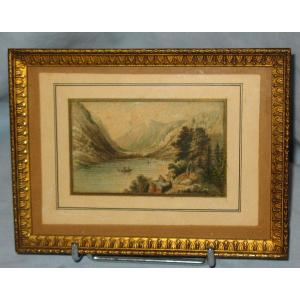 Swiss School 19th Small Gouache Representing A Mountainous Lake Landscape Bronze Frame
