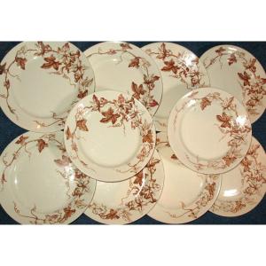 10 Lunéville Earthenware Plates With Brown Ivy Decor, Art Nouveau Period