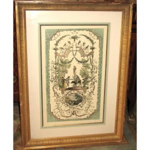 Bacchic Feast After Watteau Color Engraving By J. Moyreau Framed D: 66 X 91 Cm