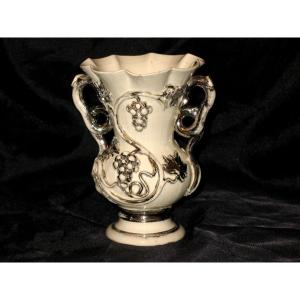 Langeais Earthenware Vase Decorated With Bunches Of Grapes, Signed Cb, 19th Century