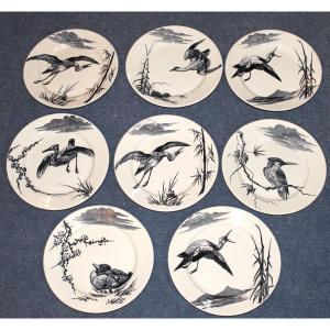 8 Lunéville Earthenware Plates, Large Birds, Keller And Guérin Period, Japanese Style, 19th Century