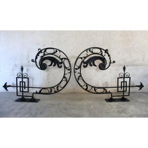 Pair Of Large Wrought Iron Gallows Decorated With Louis XVI Style Scrolls, 20th Century
