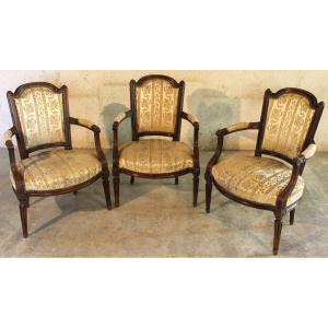 3 Louis XVI Armchairs In Carved And Molded Beech, Late 18th Century