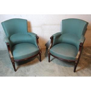 Pair Of Louis XVI Style Mahogany Bergere Chairs, 19th Century