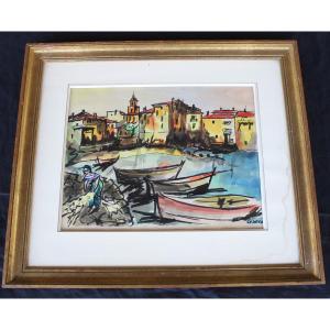 Port Of Saint Tropez Gouache View Signed By Césario 20th Century