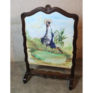 Louis XV Style Fireplace Screen In Walnut From The Late 19th Century With Painted Decoration Of Waders