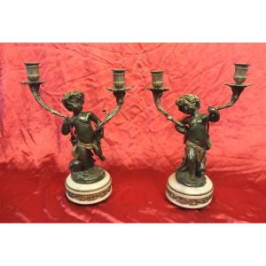 Pair Of Bronze And Marble Candelabra Candlesticks Signed By Clodion, 19th Century