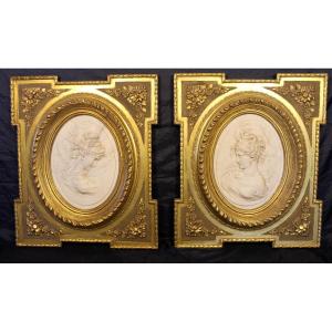 Pair Of Carved Marble Medallions With Profiles Of Women In Bas-relief By Louis Bottée, 1889 Exhibition