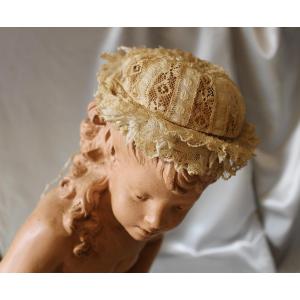 Ivory-colored Batiste Lace Bonnet For Baby Or Doll, Early 20th Century