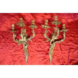 Pair Of Louis XV Style Bronze 3-light Wall Lights, Early 20th Century Height: 46 Cm