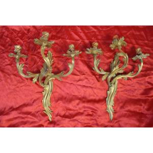 Pair Of Bronze Sconces With 3 Light Arms In The Louis XV Style, 19th Century H: 45 Cm
