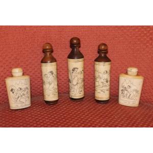 5 Perfume Bottles Or Snuff Boxes With Erotic Decorations In Bone China 20th Century