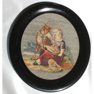 Romantic Tapestry With Pastoral Decoration On Silver Thread, 19th Century, Ebony Frame 