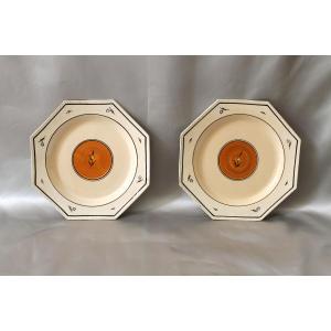 Pair Of 18th Century Nevers Earthenware Octagonal Beaded Plates Signed Dubois