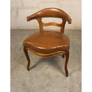 19th Century Louis XV Style Walnut Office Chair Covered In Havana Leather