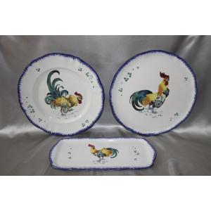 3 Lunéville Earthenware Dishes Decorated With A Rooster. Perfect Condition, 20th Century.