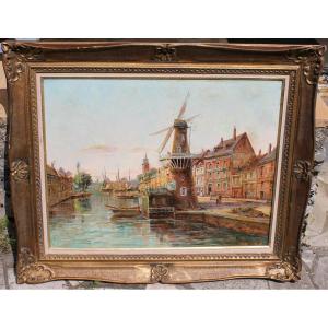 Gustave Mascart Oil On Canvas Landscape Of A Fishing Port In Holland 19th Century