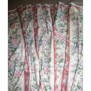 4 Curtains With Floral Decoration In Wide Pink Bands In Louis XVI Style