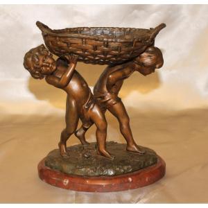 Sculpture Signed Charles Théodore Perron 2 Children Carrying A Basket Bronze Patina Late 19th Century