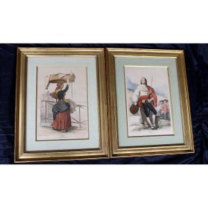 2 Color Lithographs Of Eugène Déveria, Guide And Washerwoman In Eaux-bonnes Pyrénées, 19th Century