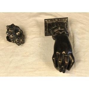 Solid Cast Iron Door Knocker In The Shape Of A Hand, Complete, 19th Century
