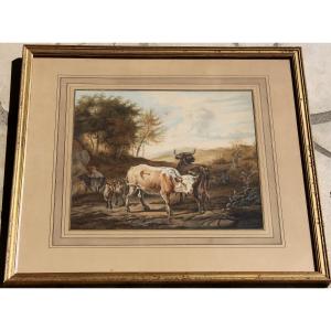 Watercolor Pastoral Scene With Cows, 19th Century