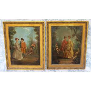 Pair Of Framed Oils On Canvas Depicting Gallant Scenes From The Romantic Period, 19th Century