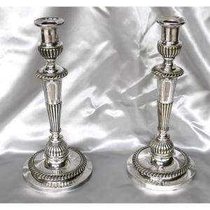 Pair Of Louis XVI Style Candlesticks In Silver-plated Bronze, Early 19th Century