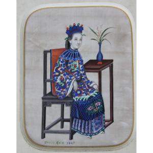 David Cox Gouache On Rice Paper Signed And Dated 1847 Seated Woman China Framed Work