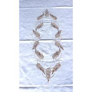 Embroidered Tablecloth With Fern Decoration, Size: 235 X 135 Cm, Perfect Condition