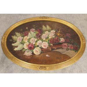 Large Gouache On Panel With Floral Decoration From The Art Deco Period With Its Original Gilded Wooden Frame