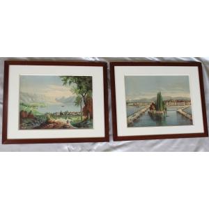 Pair Of Gouache Engravings Of Views Of Switzerland: Geneva And Vevey, 19th Century, Framed