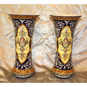 Pair Of Sarreguemines Earthenware Vases With Italian Renaissance Decoration, Late 19th Century