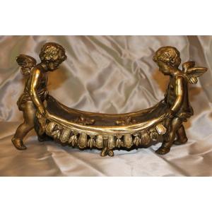 Bronze Inkwell With Two Winged Cupids Playing With A Sheet, 19th Century Romantic Period