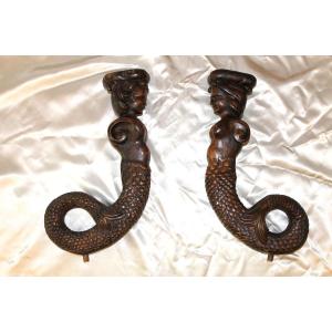 Pair Of Mermaids In Carved Walnut Wood, 19th Century, Decorative Elements, Sculpture 