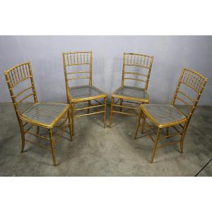 Set Of 4 Gilded Wooden Theater Chairs In Bamboo Style, Late 19th Century
