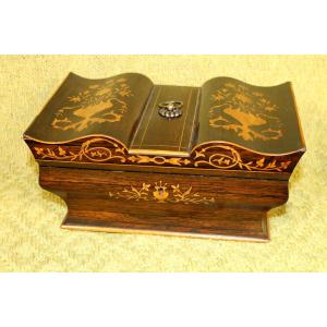 Jewelry Box In Light Wood Marquetry On Rosewood, Charles X Period, 19th Century
